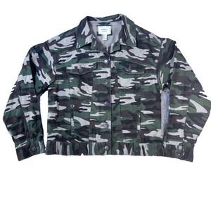 Forever 21 Trucker Jacket Women's M Camo Green Brown Denim Button Up Flap Pocket